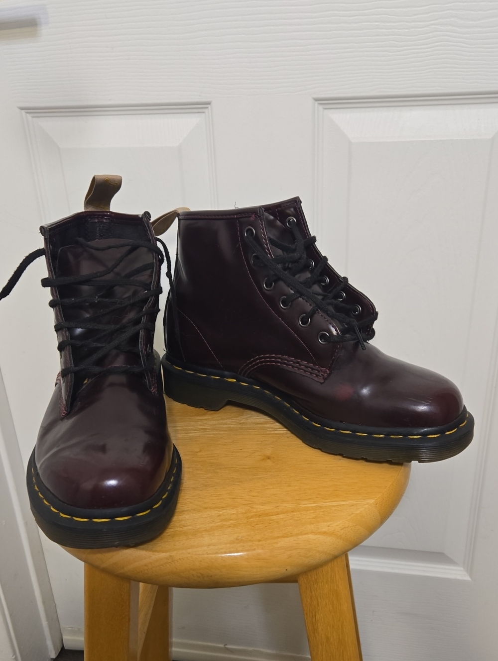 Dr. Martens Cherry Red Leather Lace-Up Ankle Boots with Yellow Stitching